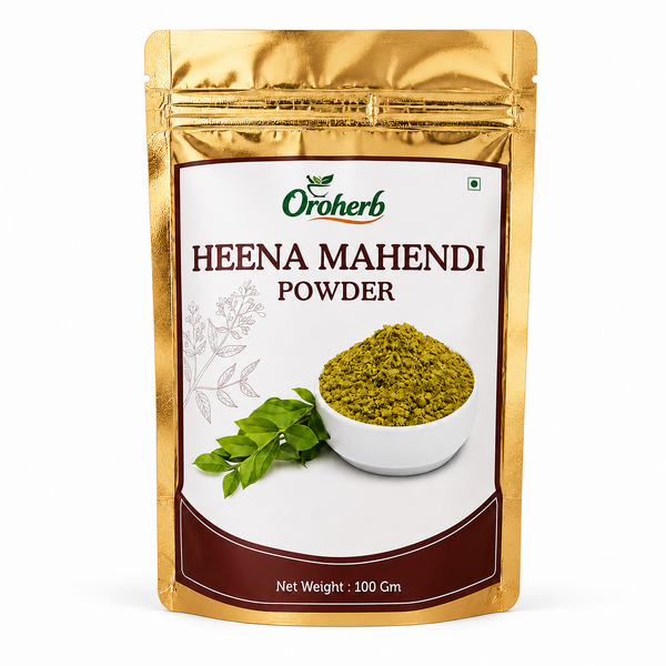 Oroherb Heena Mahendi Powder in a metallic gold resealable stand-up pouch with a white and brown label, showing a bowl of green powder and green leaves on a white background.
