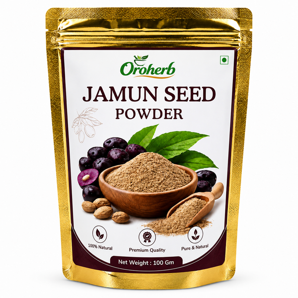Oroherb Jamun Seed Powder in a 100g resealable stand-up pouch with a metallic gold foil border and a white central label featuring jamun fruit illustrations.