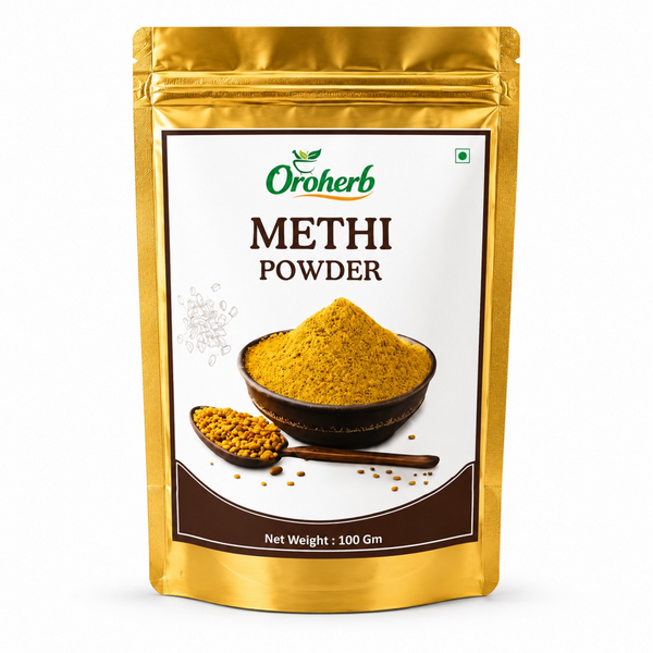 Oroherb Methi Powder in a 100g metallic gold stand-up pouch with a white label, showing a bowl of yellow-green powder and a spoonful of whole dried methi leaves on a white background.