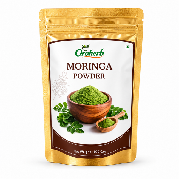 Oroherb Moringa Powder in a 100g stand-up pouch with a metallic gold finish and a white label featuring a bowl of green powder.