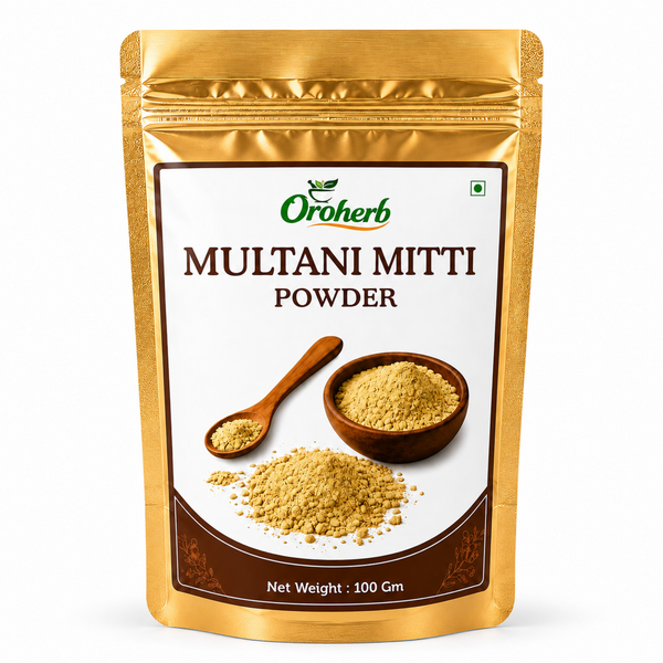 A 100g stand-up pouch of Oroherb Multani Mitti Powder, featuring a metallic gold design with a white label showing a wooden spoon and bowl of the yellow-brown powder.