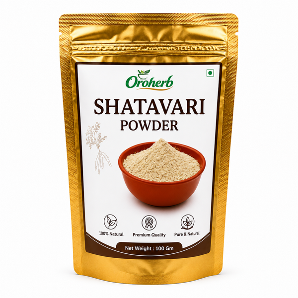 A 100g stand-up pouch of Oroherb Shatavari Powder, featuring a metallic gold foil packaging with a white label and an image of the light beige powder in a terracotta bowl.