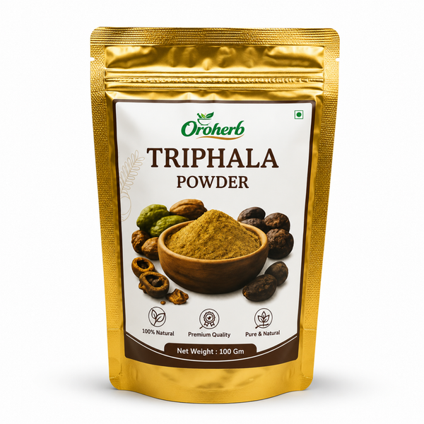 Oroherb Triphala Powder in a metallic gold stand-up pouch with a white front label showing a bowl of green powder and whole fruits.