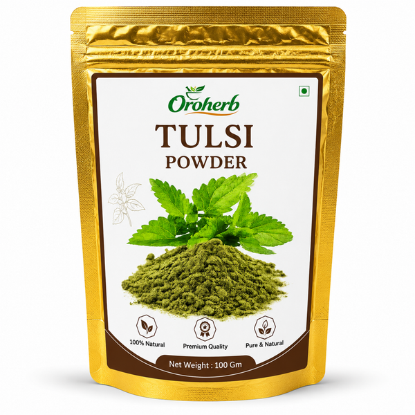 Oroherb Tulsi Powder in a 100g gold stand-up pouch with a white label featuring green tulsi leaves and powder.