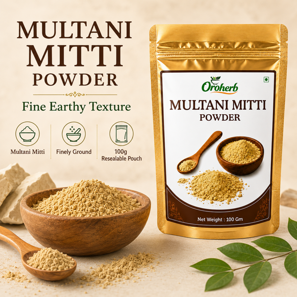 Oroherb Multani Mitti Powder in a resealable gold pouch, displayed alongside loose powder in wooden bowls, a stone slab, and green leaves on a light beige background with product text and icons.