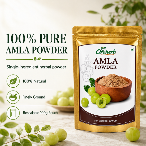 A stand-up pouch of Oroherb Amla Powder shown on a light beige background with decorative amla fruit leaves and text callouts reading '100% Pure Amla Powder,' 'Single-ingredient herbal powder,' '100% Natural,' 'Finely Ground,' and 'Resealable 100g Pouch.'.