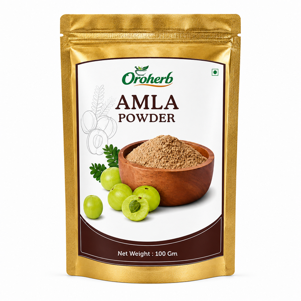 Oroherb Amla Powder in a 100g stand-up pouch with a metallic gold finish and a white label featuring a bowl of powder and green amla fruits.
